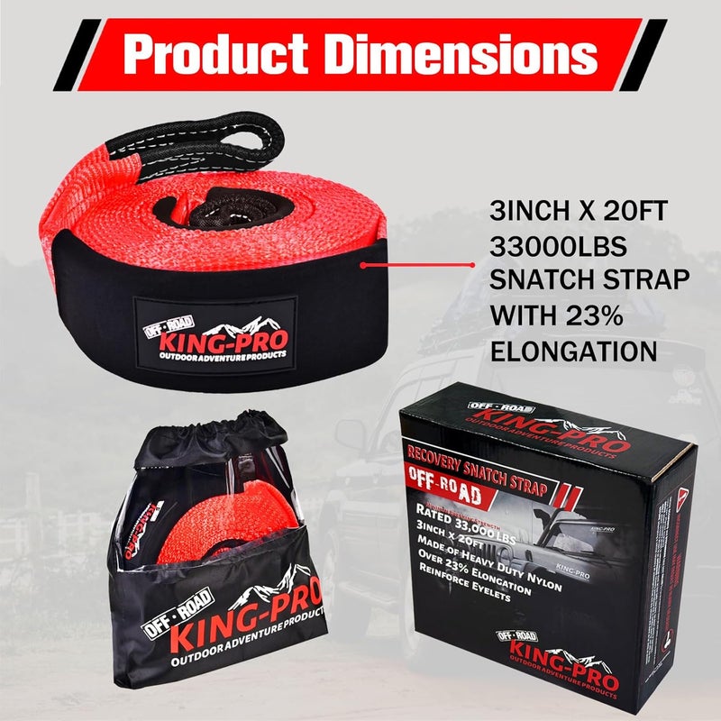 KING-PRO Recovery Snatch Strap 3" x 20ft, 33,000lbs Breaking Strength with 23% Elongation, 100% Nylon Kinetic Towing Strap with Storage Bag for Truck SUV ATV Off Road - Image 2
